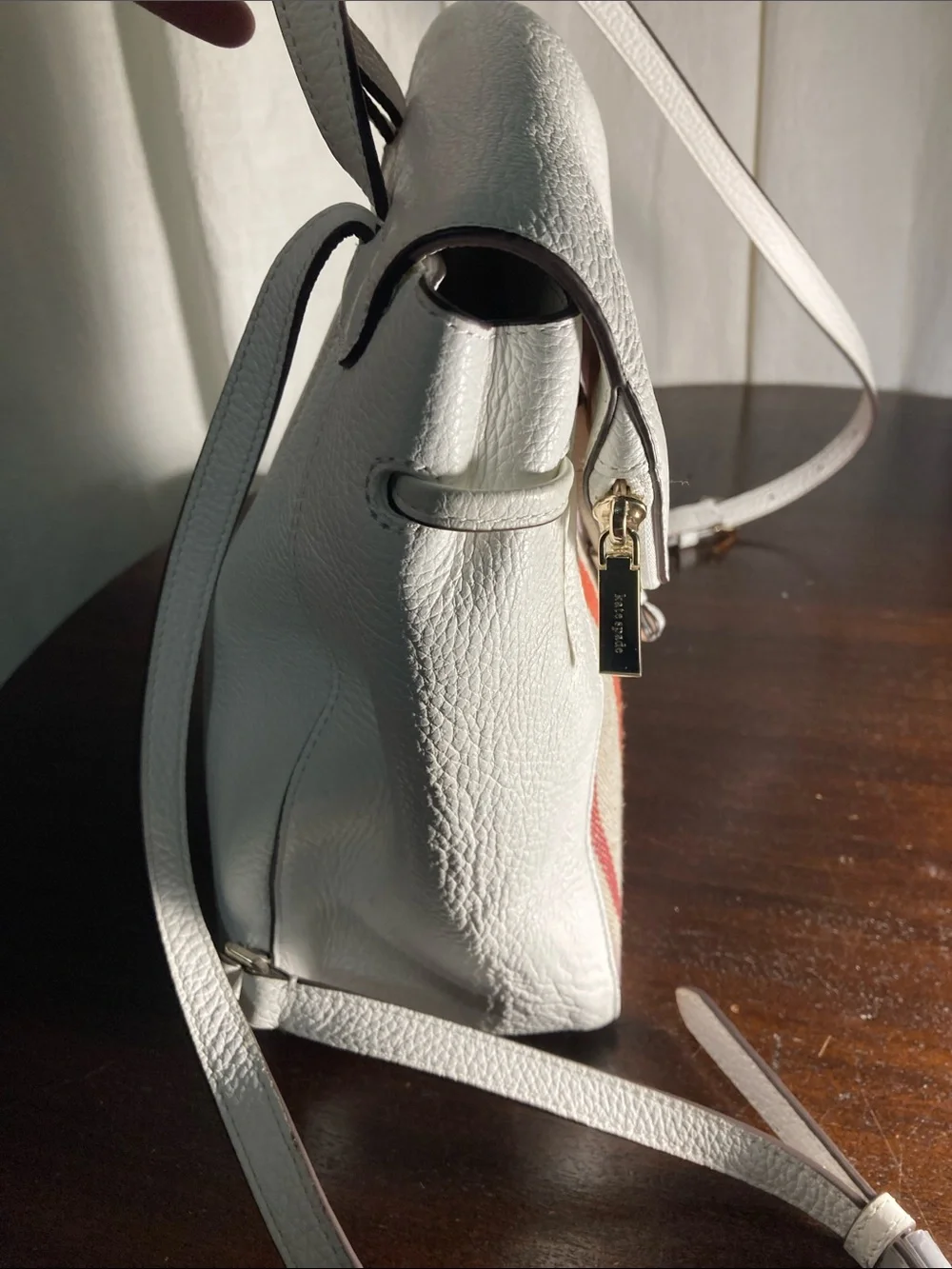 kate spade White Leather Backpack with Multicolor Stripe Front